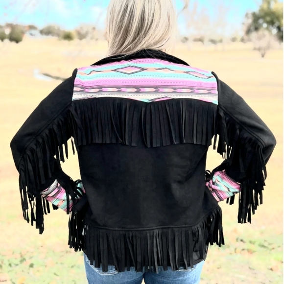 Fashion Express USA Womens Black Fringe Printed Western Jacket Size Medi… - Picture 3 of 14